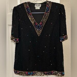 Embellished silk Black blouse with Intricate Beading-Vintage 80’s Glam